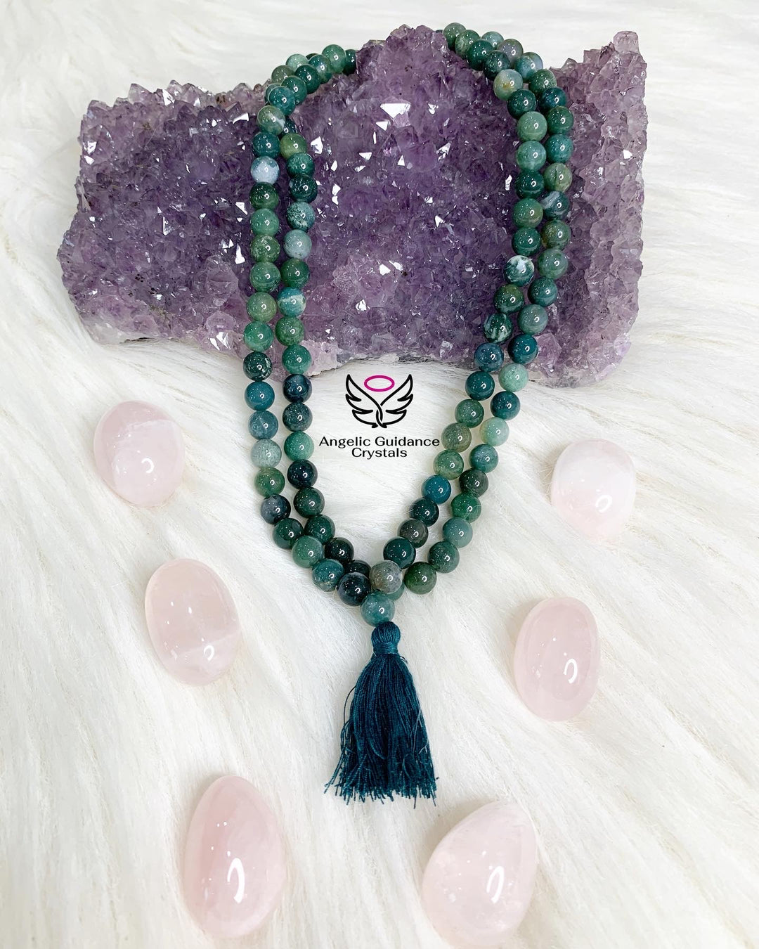 Moss Agate Round Mala 108 Beads