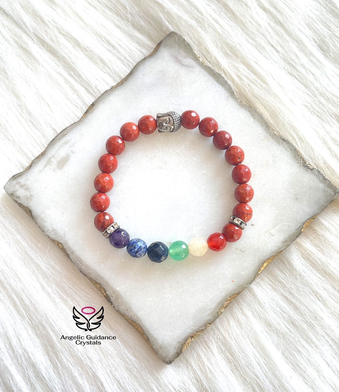 Seven Chakras With Red Jasper Buddha Faceted Bracelet 8mm