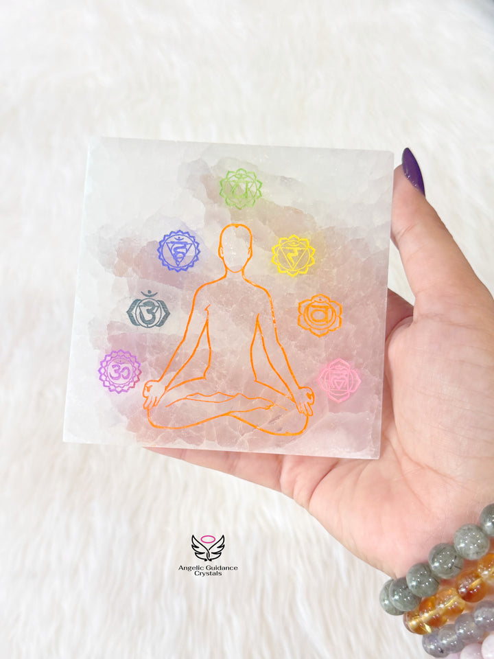 Selenite Seven Chakra Square Plate Medium