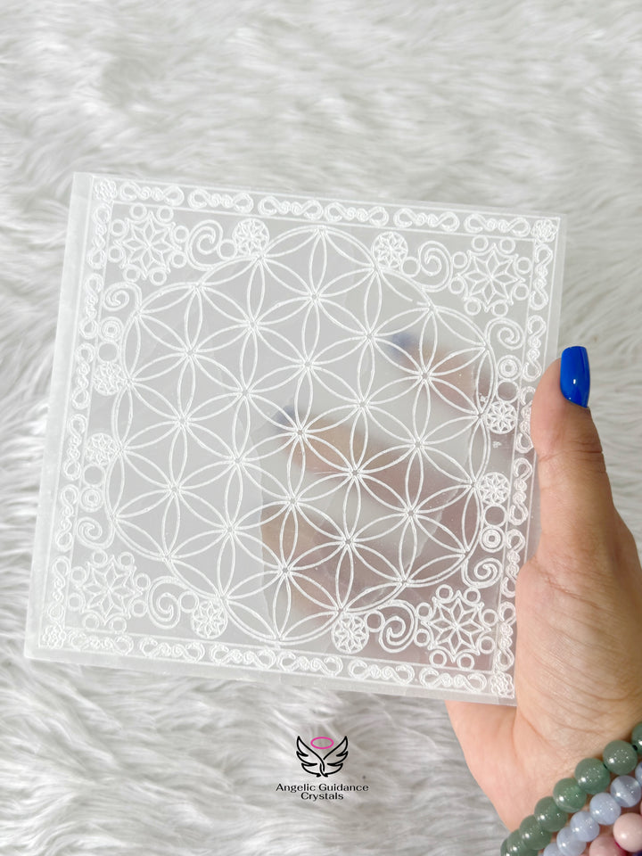 Selenite Flower Of Life Square Plate Large