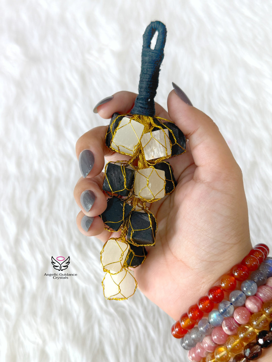 Selenite &amp; Tourmaline Hanging For Aura Protection