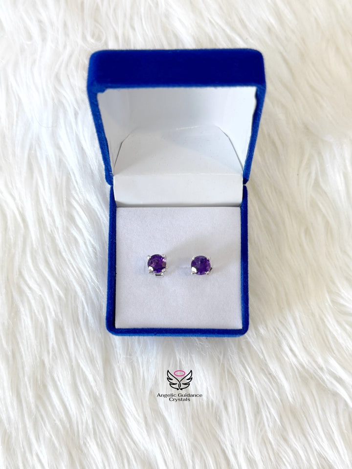 Amethyst Silver Earrings Round