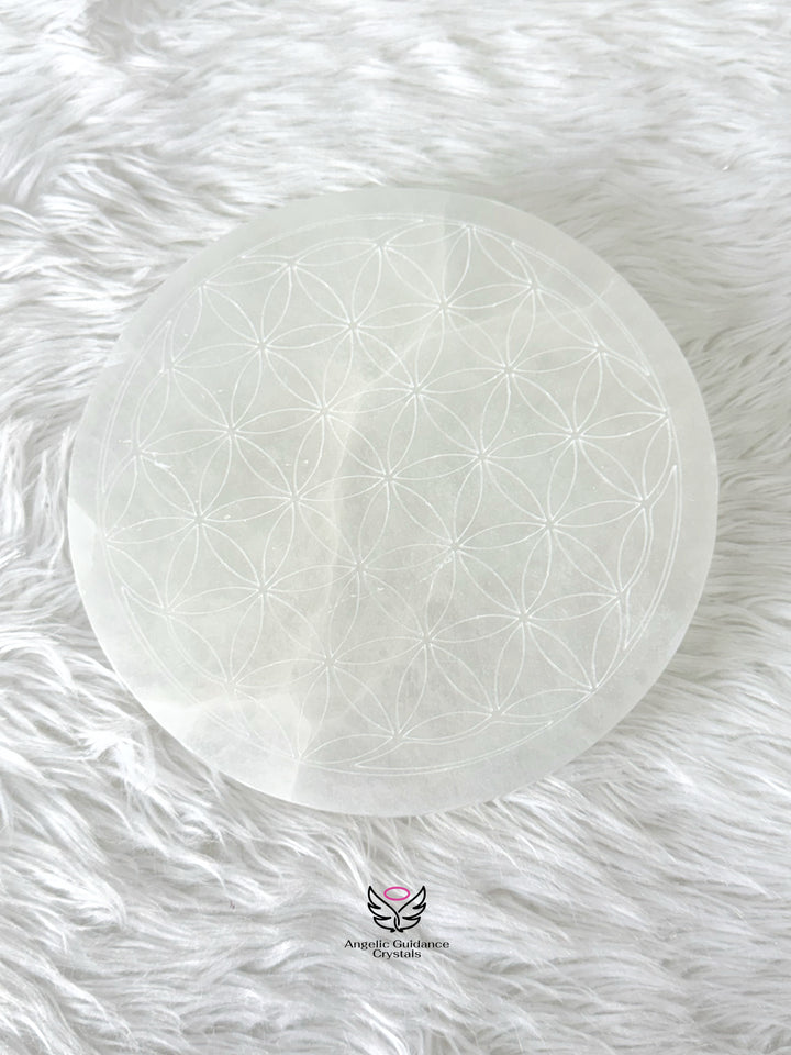 Selenite Flower of Life Round Plate Large