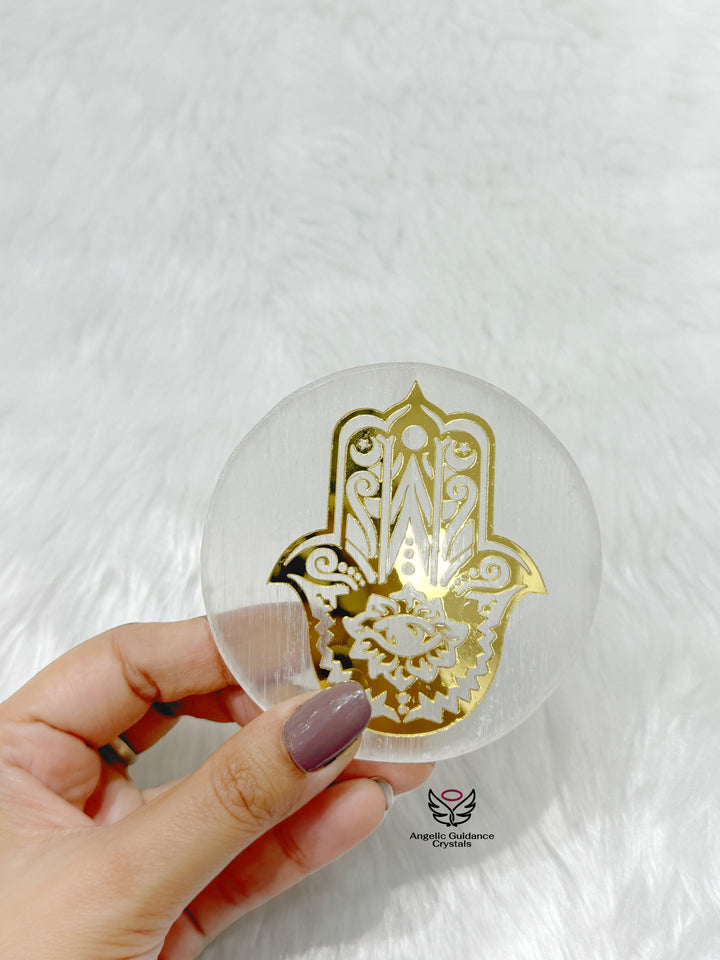 Selenite Hamsa Golden Coaster Medium