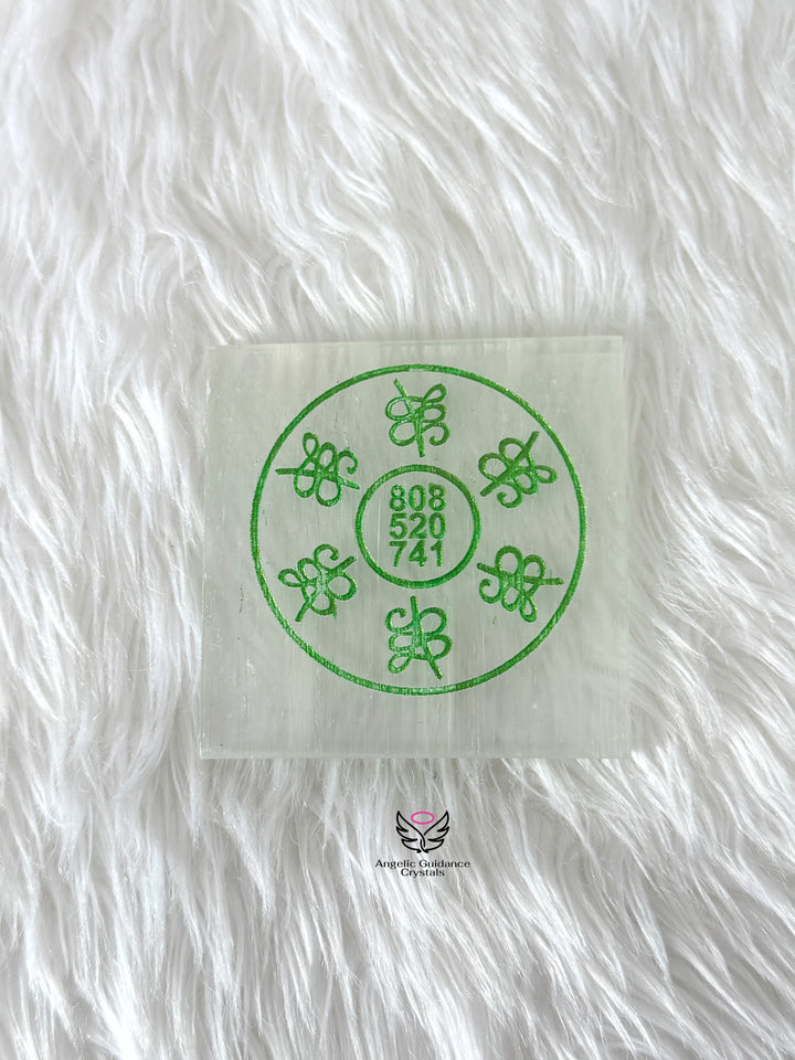 Selenite Zibu Symbol Engraved Coaster Medium