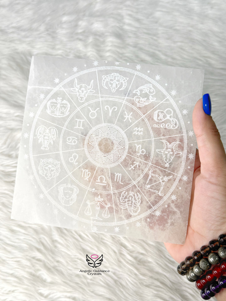 Selenite Zodiac Square Plate Large