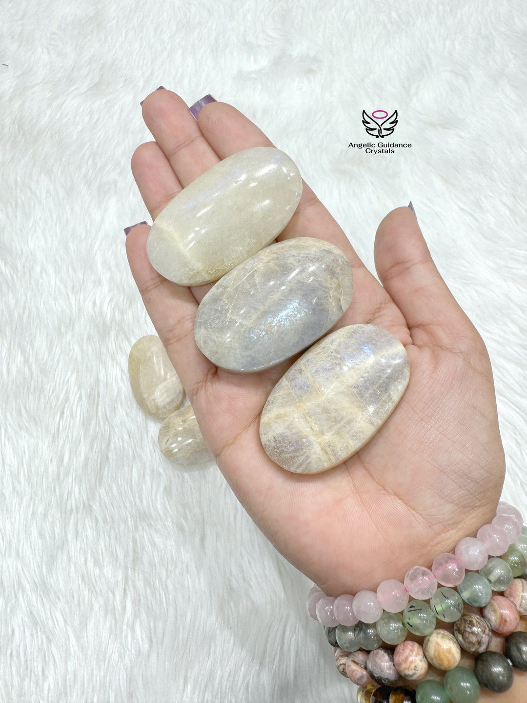 White Moonstone With Blue Fire Palm Stone AAA Small