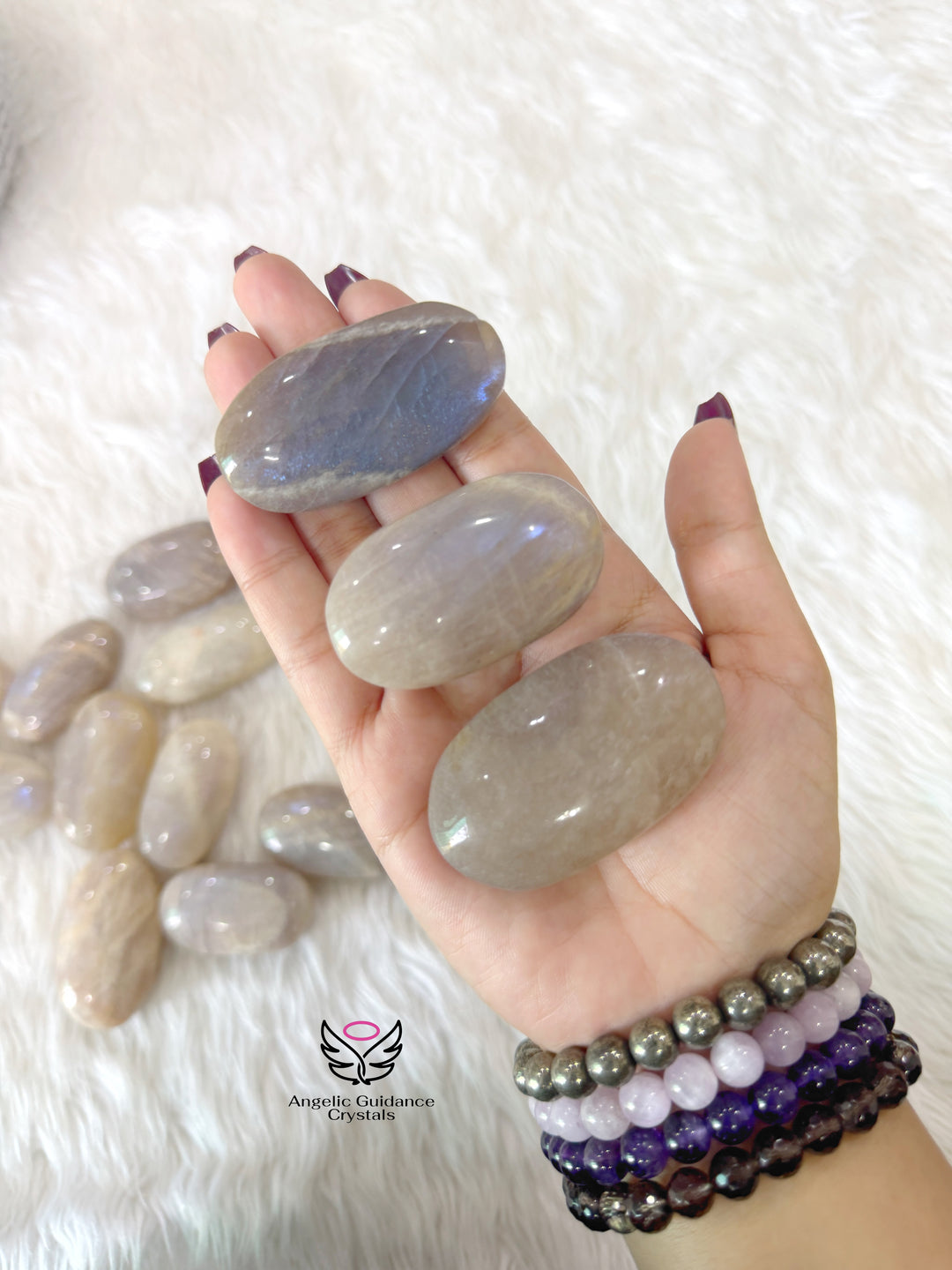 White Moonstone With Blue Fire Palm Stone AAA Medium