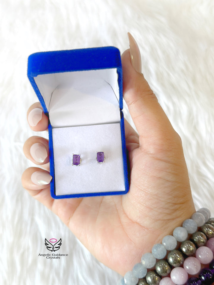 Amethyst Silver Earrings Rectangle