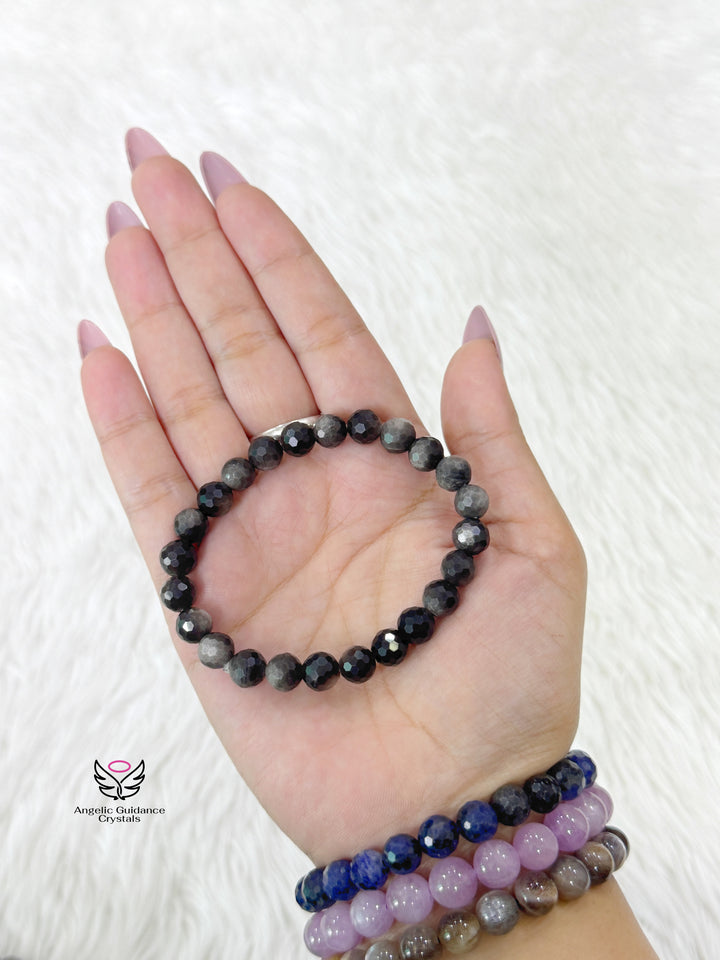 Black Silver Obsidian Faceted Bracelet 8mm