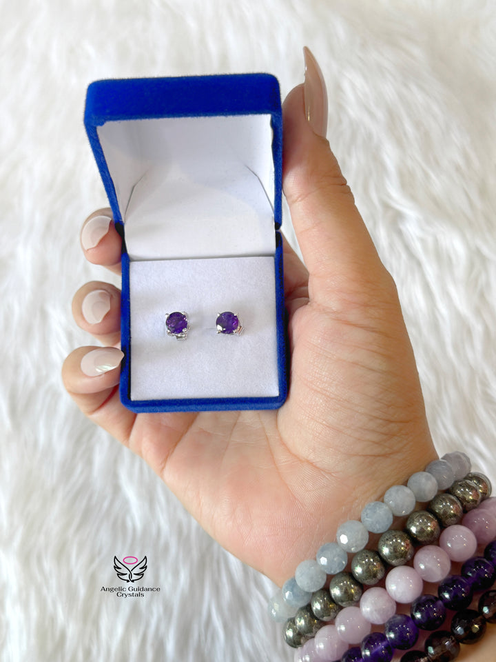 Amethyst Silver Earrings Round