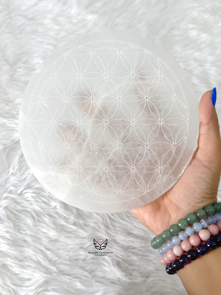 Selenite Flower of Life Round Plate Large