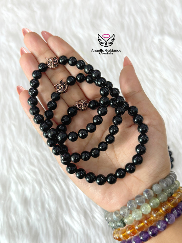 Black Tourmaline Round Bracelet with Owl Charm