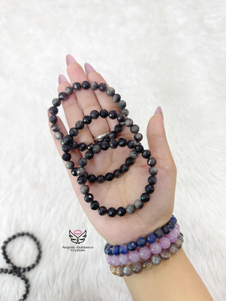 Black Silver Obsidian Faceted Bracelet 8mm