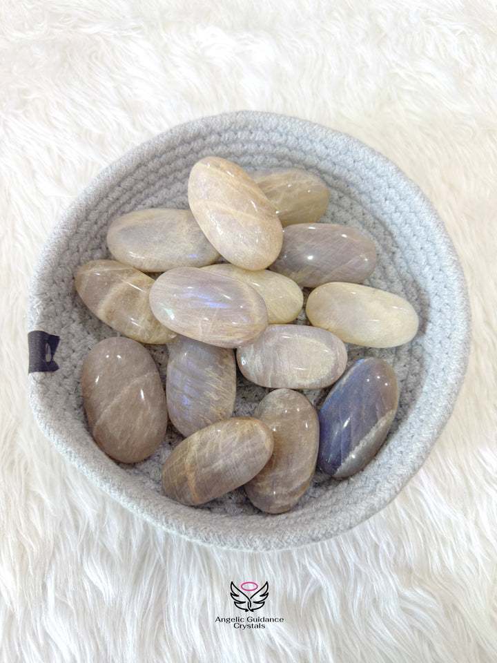 White Moonstone With Blue Fire Palm Stone AAA Medium