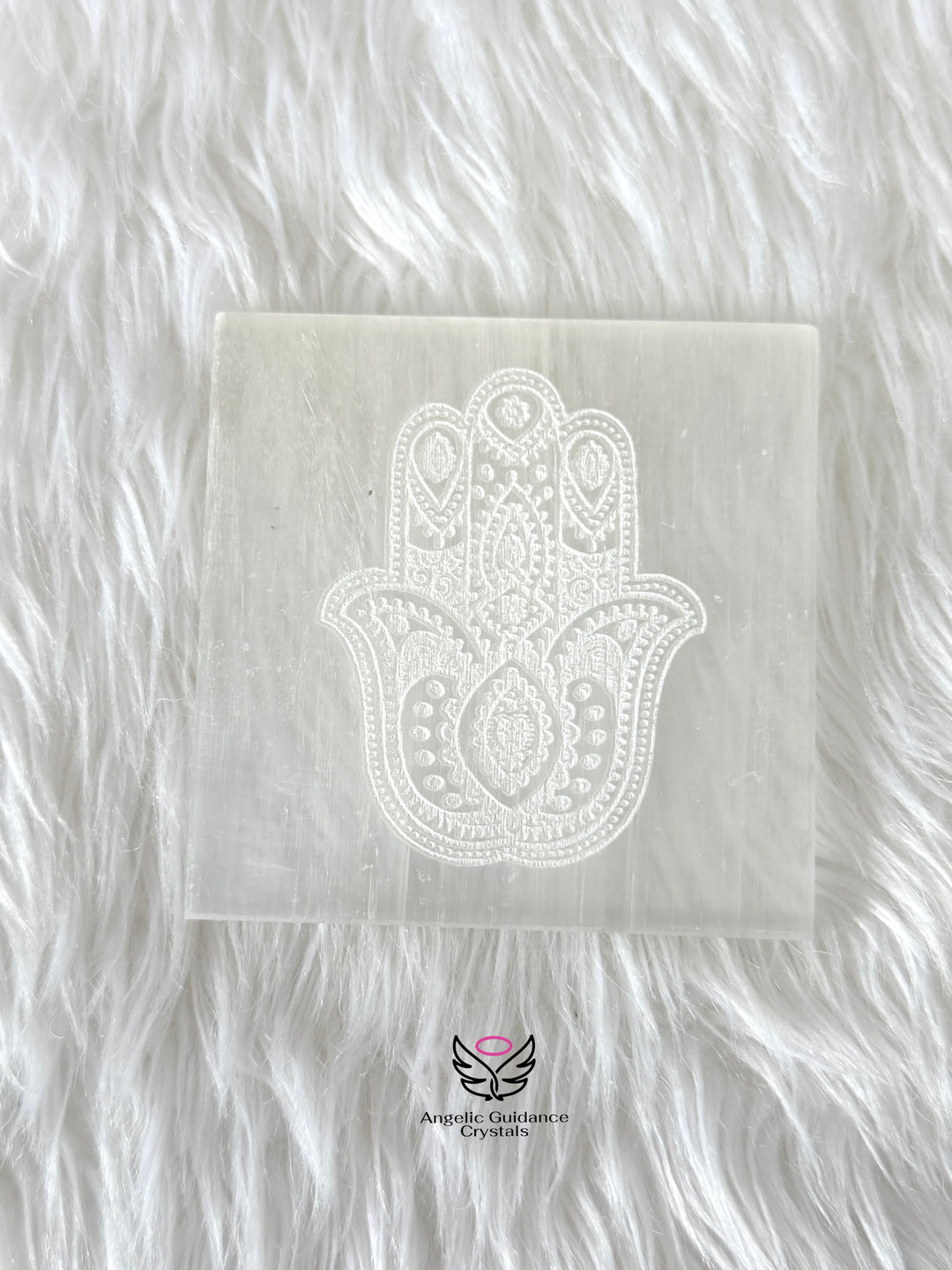 Selenite Hamsa Engraved Coaster Medium
