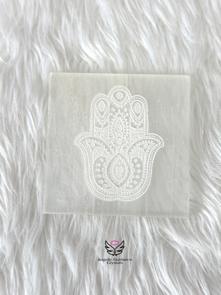 Selenite Hamsa Engraved Coaster Medium