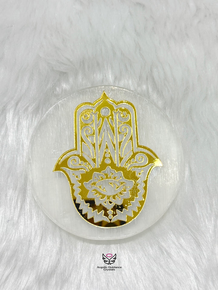 Selenite Hamsa Golden Coaster Medium