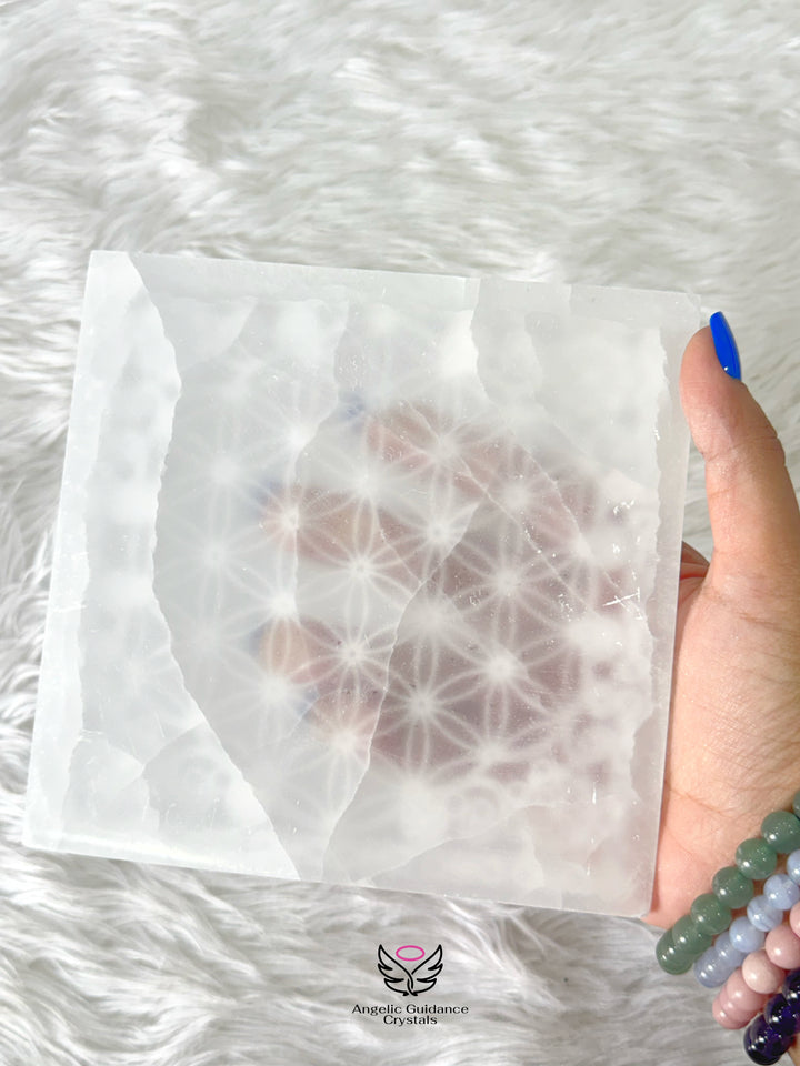 Selenite Flower Of Life Square Plate Large