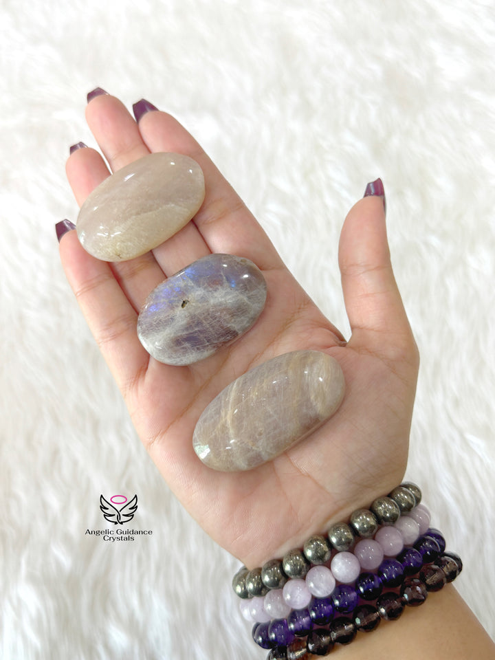 White Moonstone With Blue Fire Palm Stone AAA Small