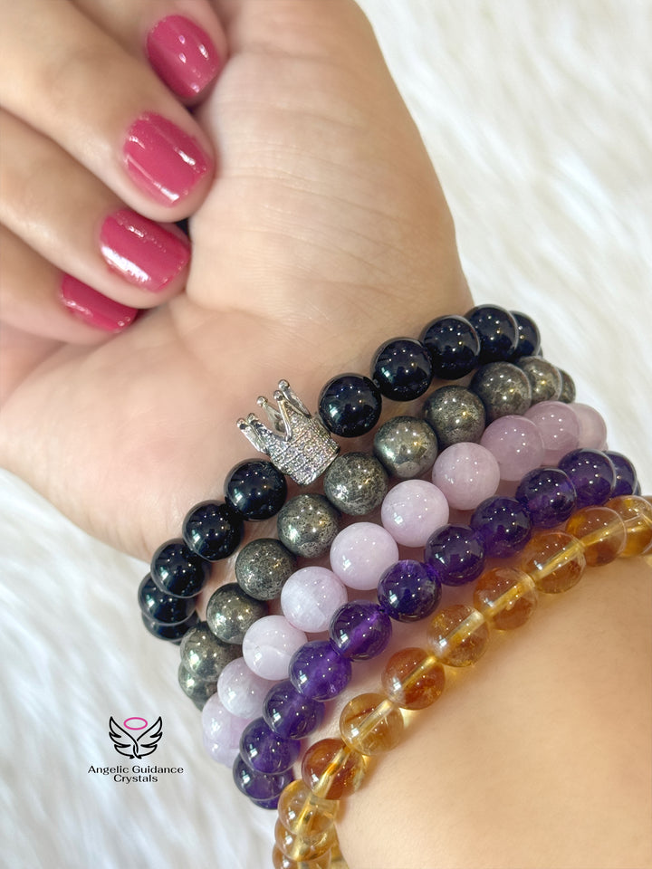 Black Tourmaline Round Bracelet 8mm with Crown