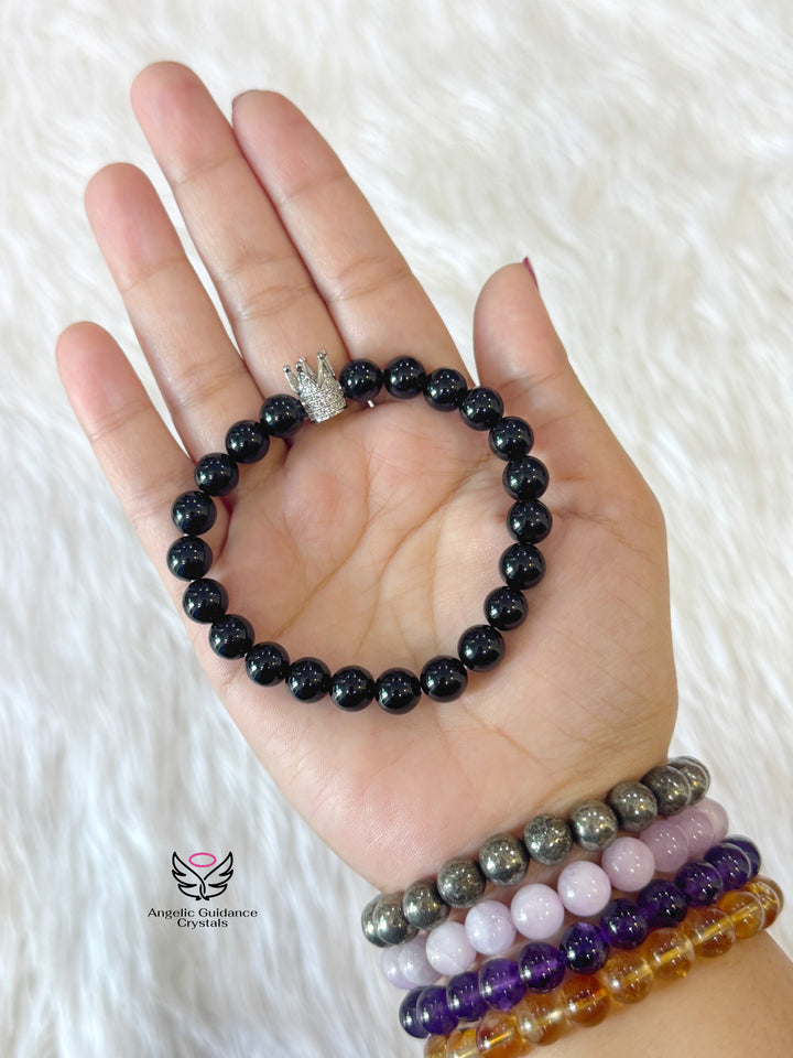 Black Tourmaline Round Bracelet 8mm with Crown