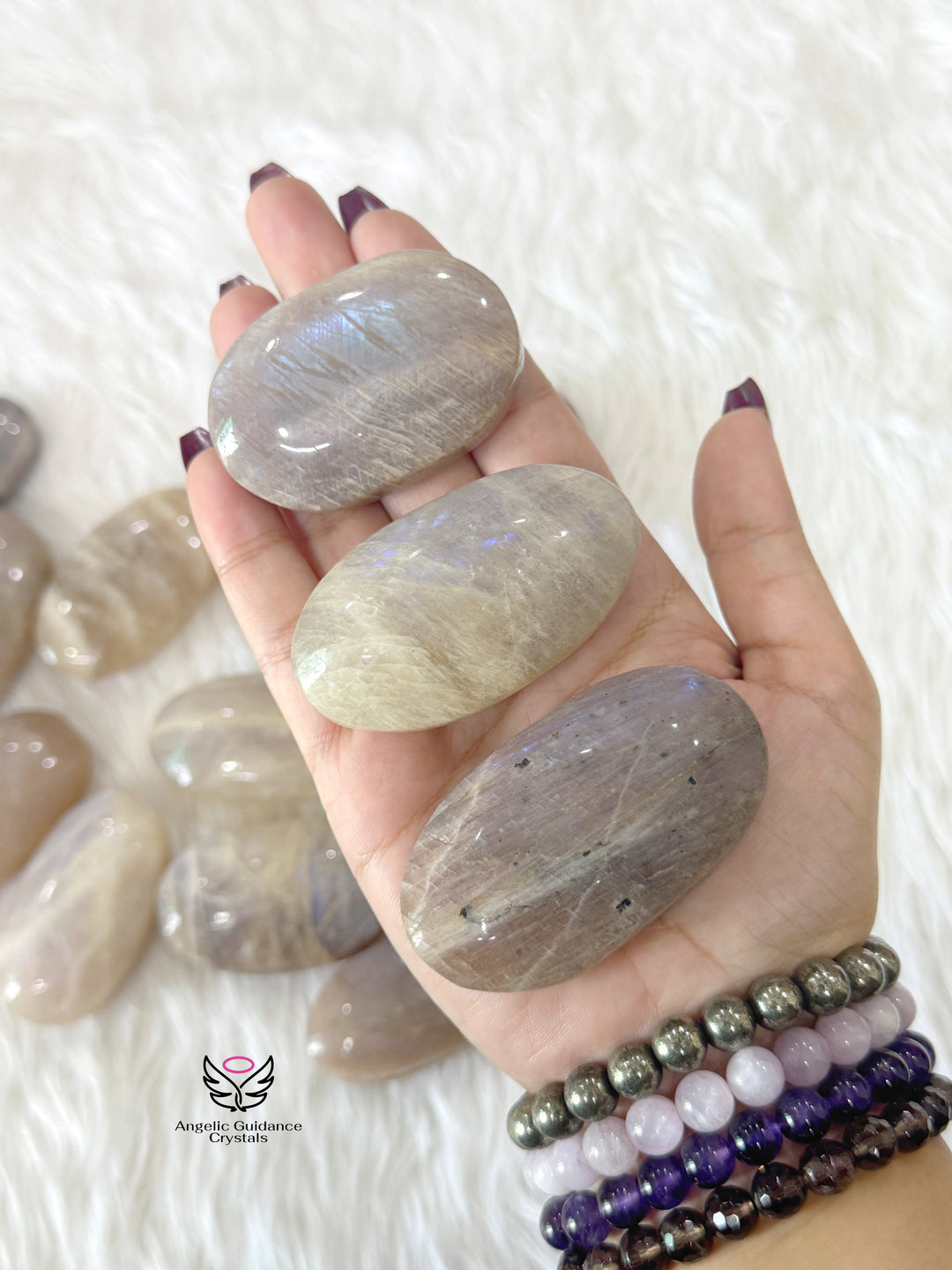 White Moonstone With Blue Fire Palm Stone AAA Large