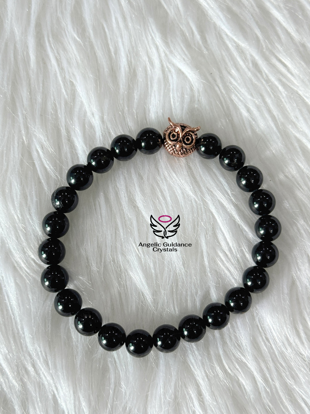 Black Tourmaline Round Bracelet with Owl Charm