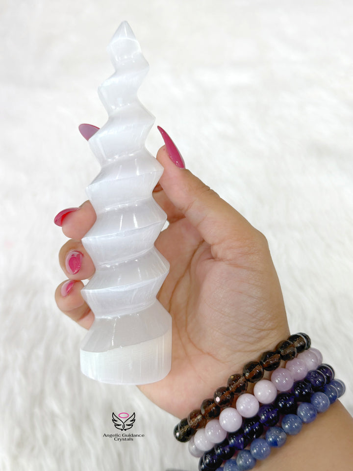 Selenite Spiral Tower Large