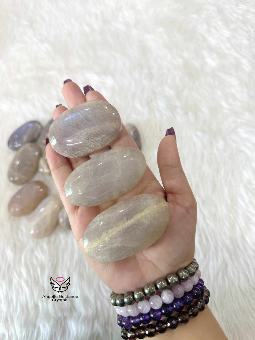 White Moonstone With Blue Fire Palm Stone AAA Large