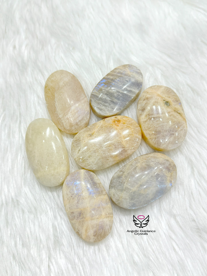 White Moonstone With Blue Fire Palm Stone AAA Small