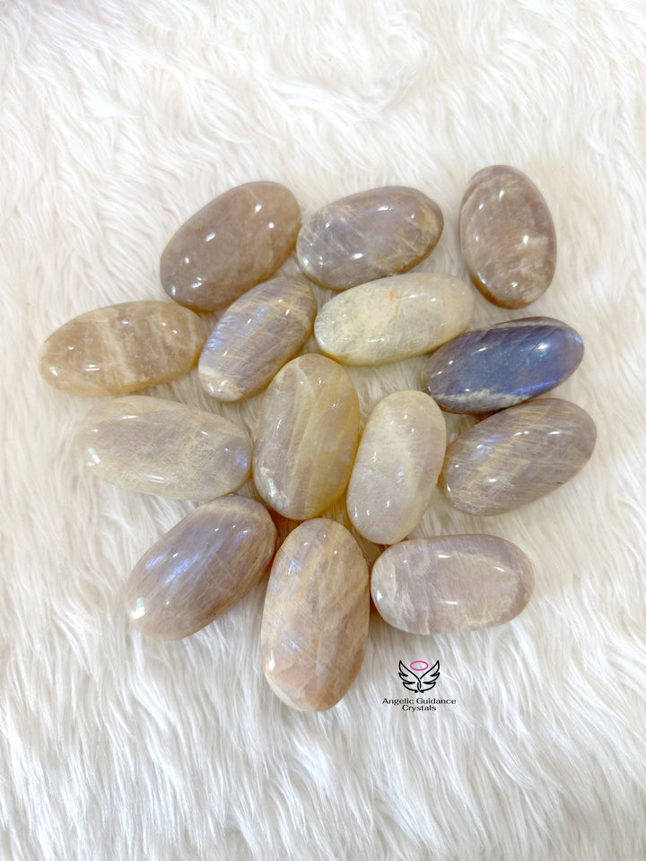 White Moonstone With Blue Fire Palm Stone AAA Medium