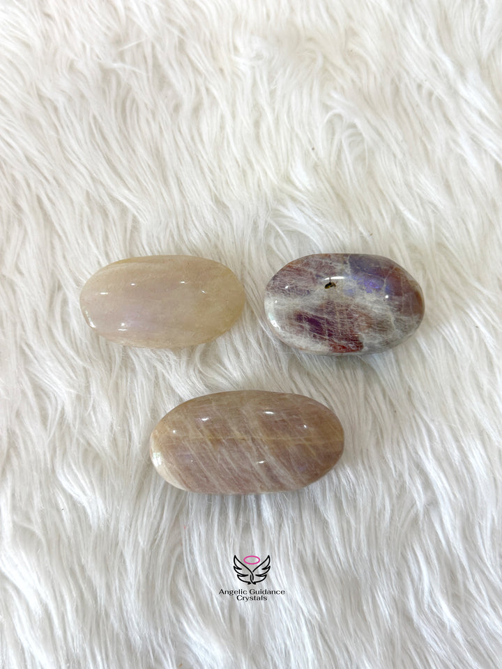 White Moonstone With Blue Fire Palm Stone AAA Small