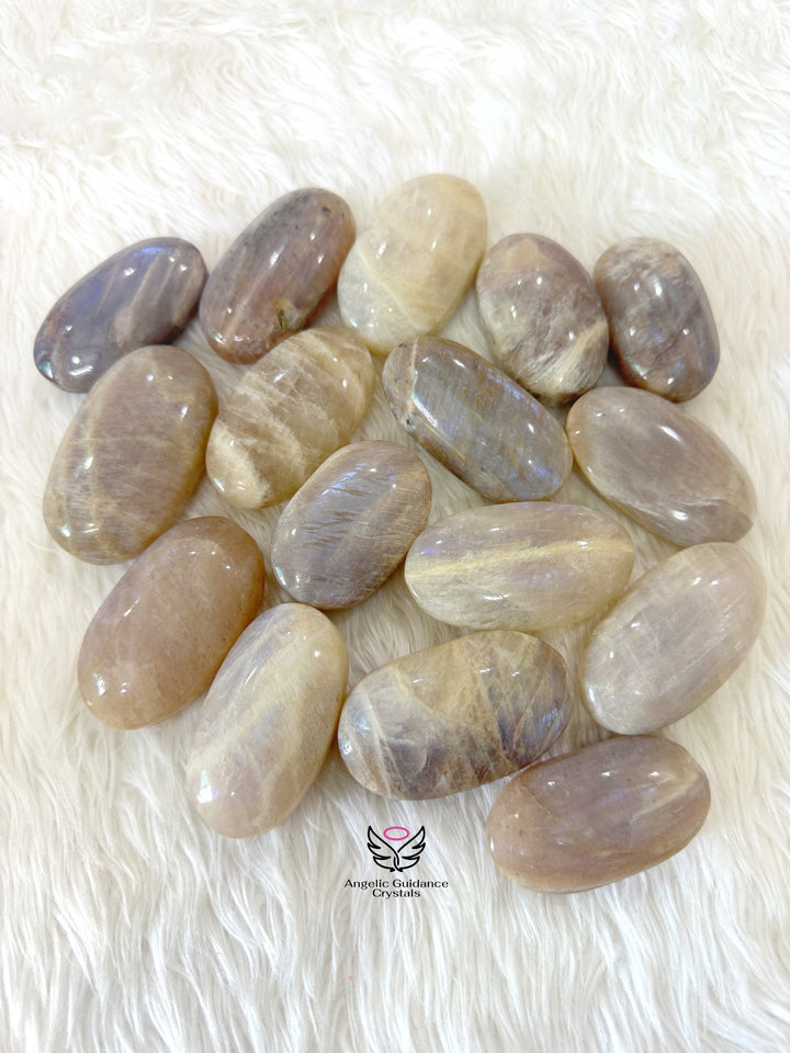 White Moonstone With Blue Fire Palm Stone AAA Large