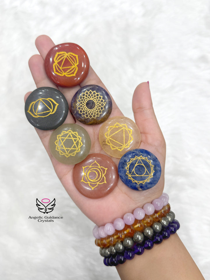 Seven Chakra Engraved Round Palmstone Set