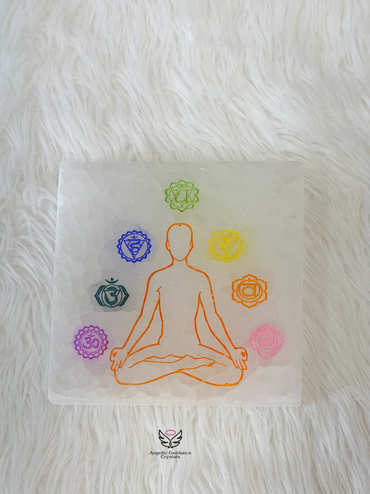 Selenite Seven Chakra Square Plate Medium