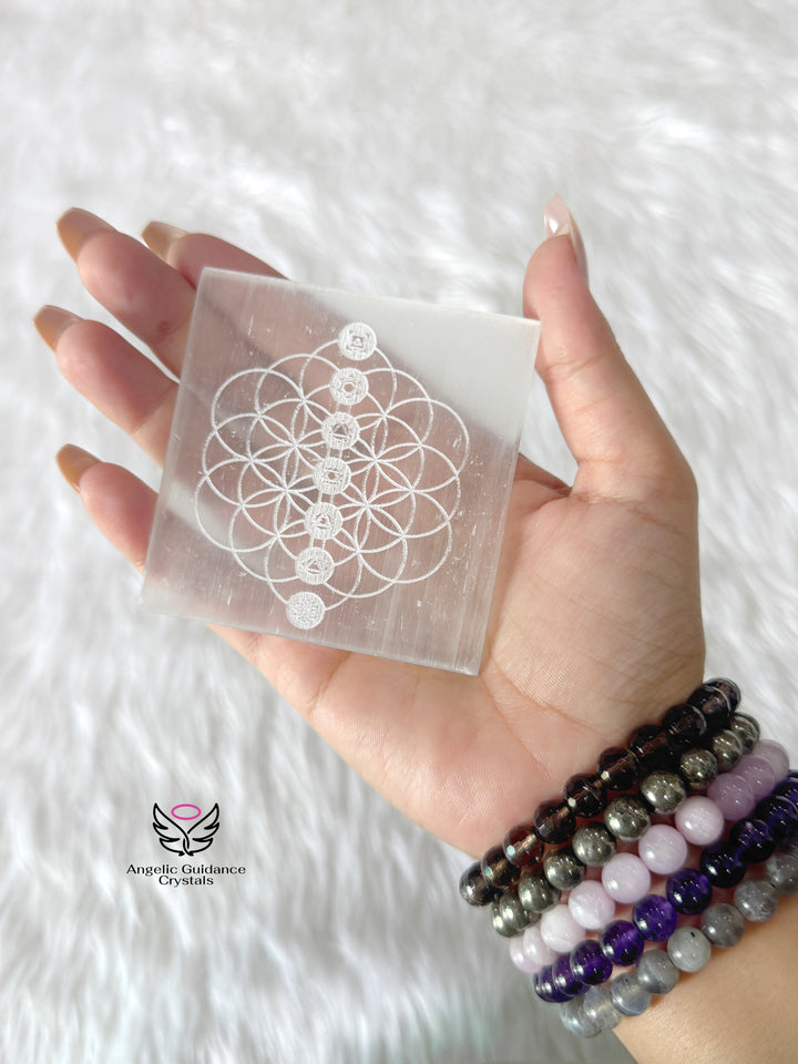 Selenite Seven Chakra Engraved Coaster Medium