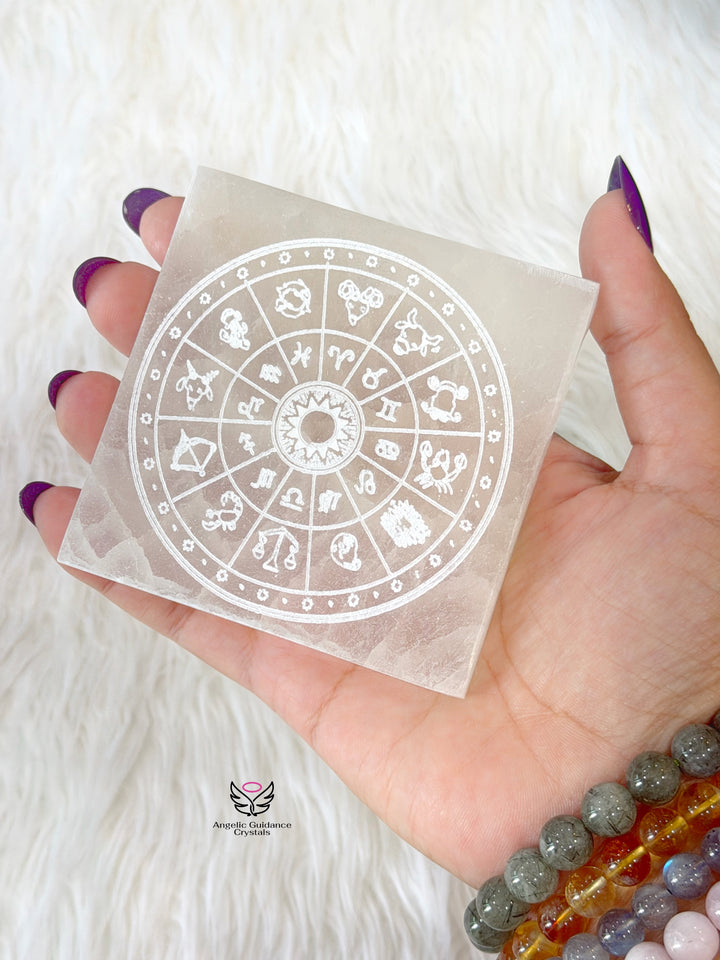 Selenite Zodiac Square Plate Small