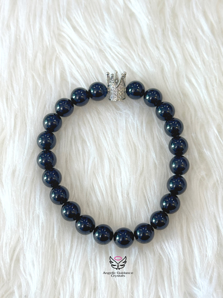 Black Tourmaline Round Bracelet 8mm with Crown