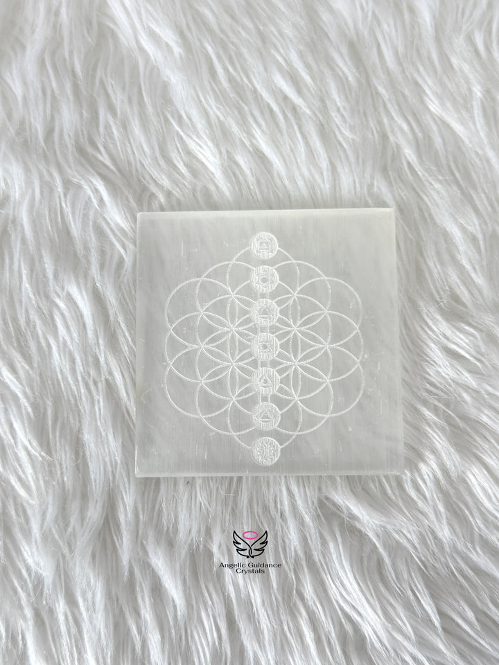 Selenite Seven Chakra Engraved Coaster Medium