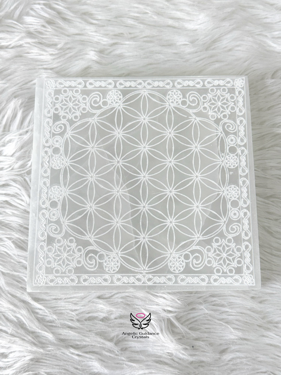 Selenite Flower Of Life Square Plate Large