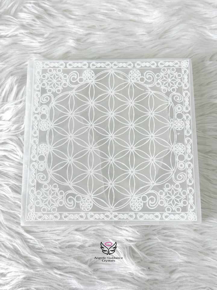 Selenite Flower Of Life Square Plate Large
