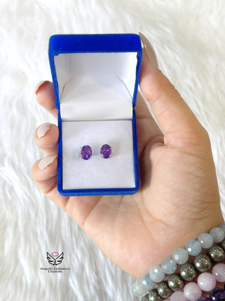 Amethyst Silver Earrings Oval