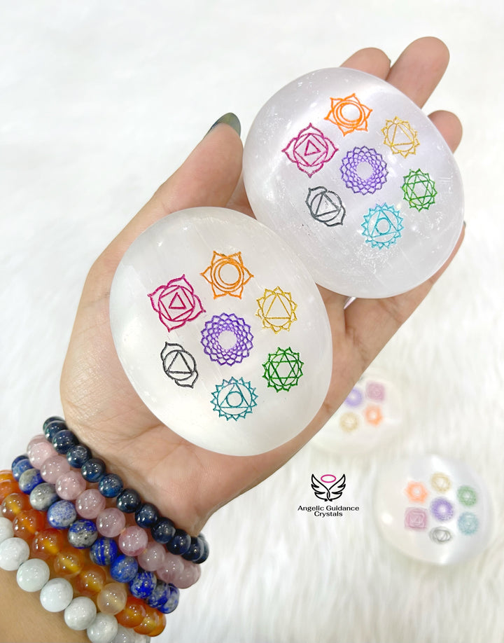 Selenite Seven Chakra Engraved Palmstone