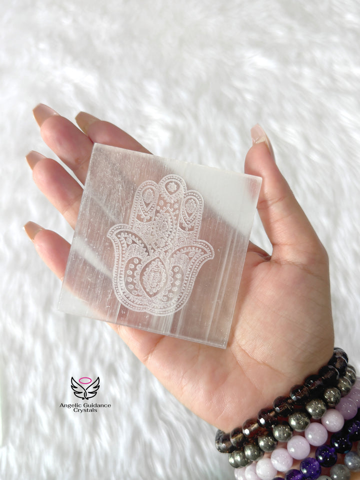 Selenite Hamsa Engraved Coaster Medium