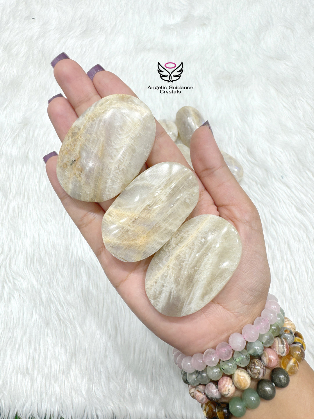 White Moonstone With Blue Fire Palm Stone AAA Large