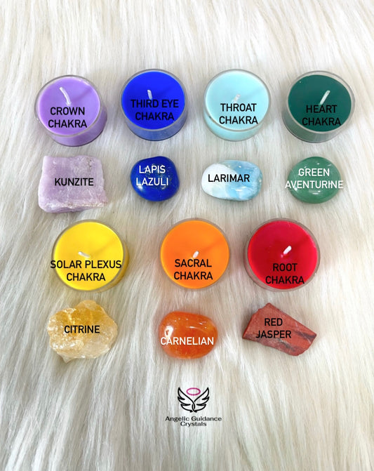 Seven Chakra Crystals With Candles