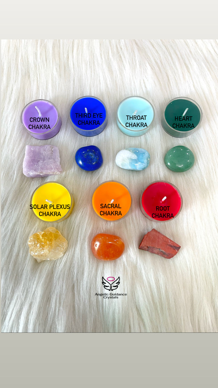 Seven Chakra Crystals With Candles