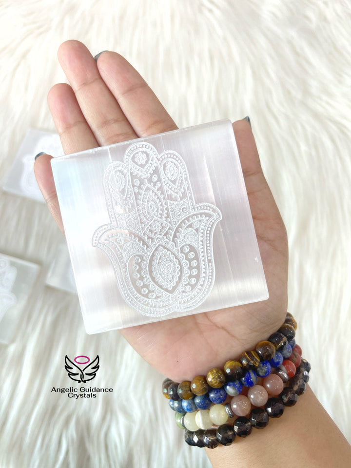 Selenite Hamsa Engraved Coaster Medium