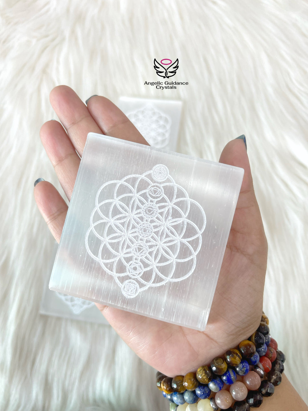 Selenite Seven Chakra Engraved Coaster Medium